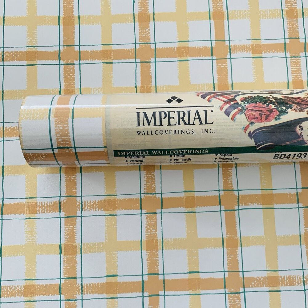 Vintage Plaid Wallpaper, Orange , White , Pale Gold 60s Look by Imperial